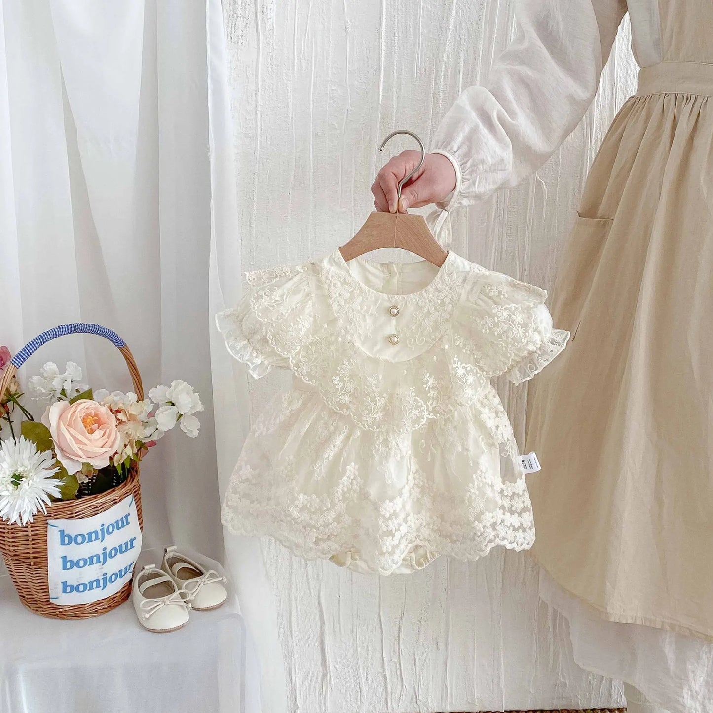 Baby Girl Cream Lace Romper | Newborn Princess Dress Outfit