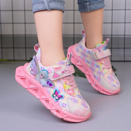 Girl's Sports Shoes Led Lights Sneaker Cartoon Princess PU Leather Girls' Pink Children's Running Shoes