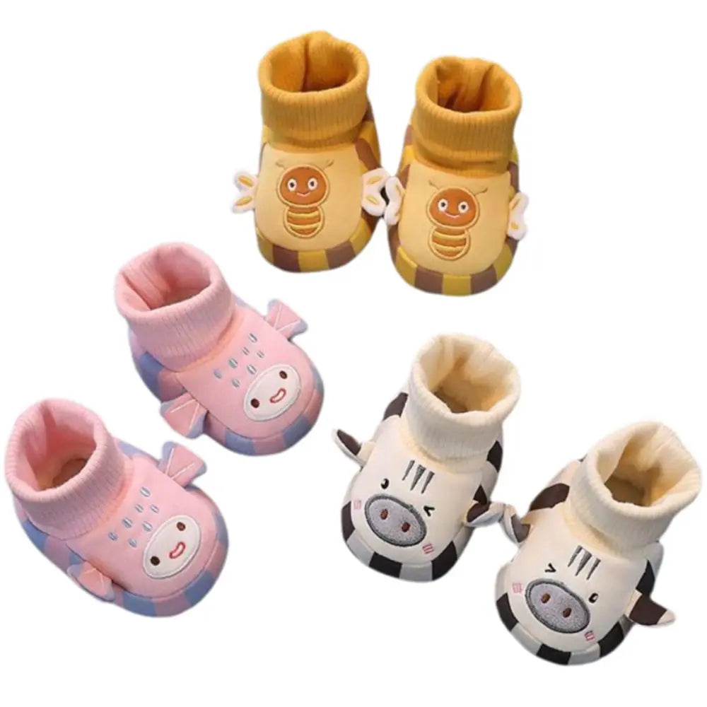 Cute baby animal sock shoes with soft ankle cuffs in yellow bee, pink and cream animal designs