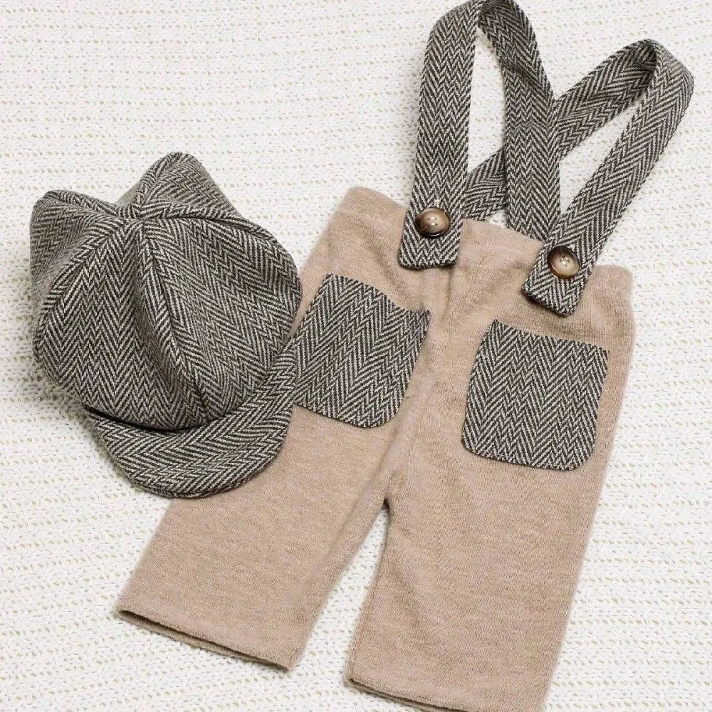 Baby Boy Vintage Suspender Pants & Newsboy Cap Set – Herringbone Gentleman Outfit