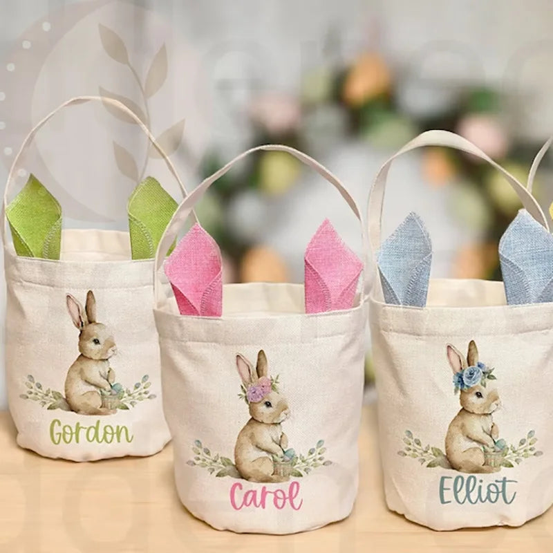 personalised Egg Hunt basket Vintage Bunny rabbit happy Easter Sack rustic Farmhouse decoration children kid boy girl gift bag