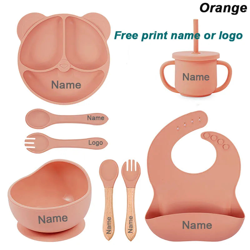 Baby Silicone Feeding Set – 8Pcs Suction Bowl, Bear Plate, Cup with Straw | Non-Slip Kids Tableware