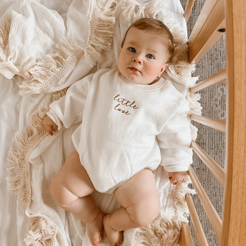 Little Love Embroidered Baby Romper Sweater Romper | Cozy Long Sleeve Onesie | Neutral Baby Outfit | White Sage Brown Grey | Baby Shower Gift