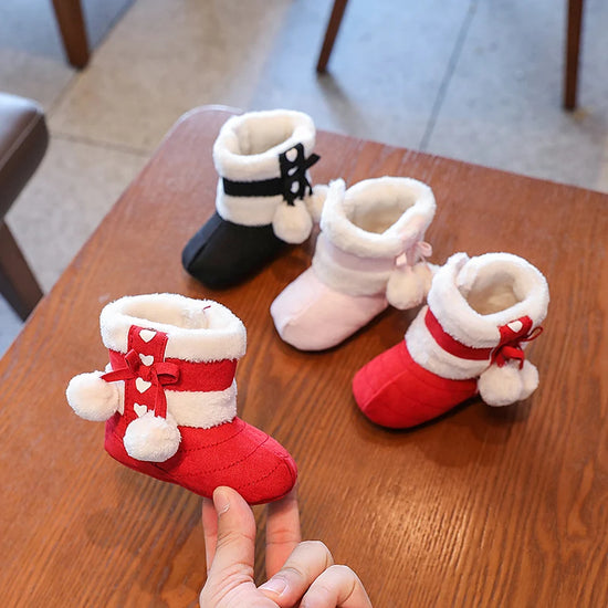 Winter Baby Girls Boots – Cute Bow Plush Pom Snow Shoes for Toddlers & Infants