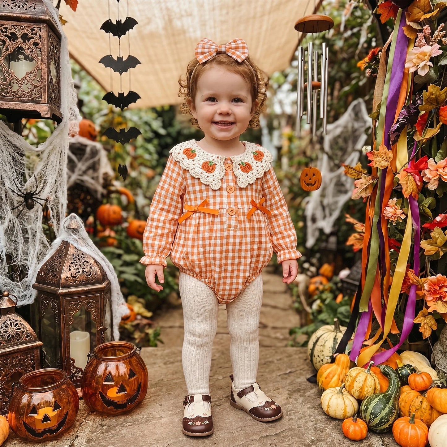 Pumpkin Gingham Baby Romper with Crochet Collar & Matching Bow Headband