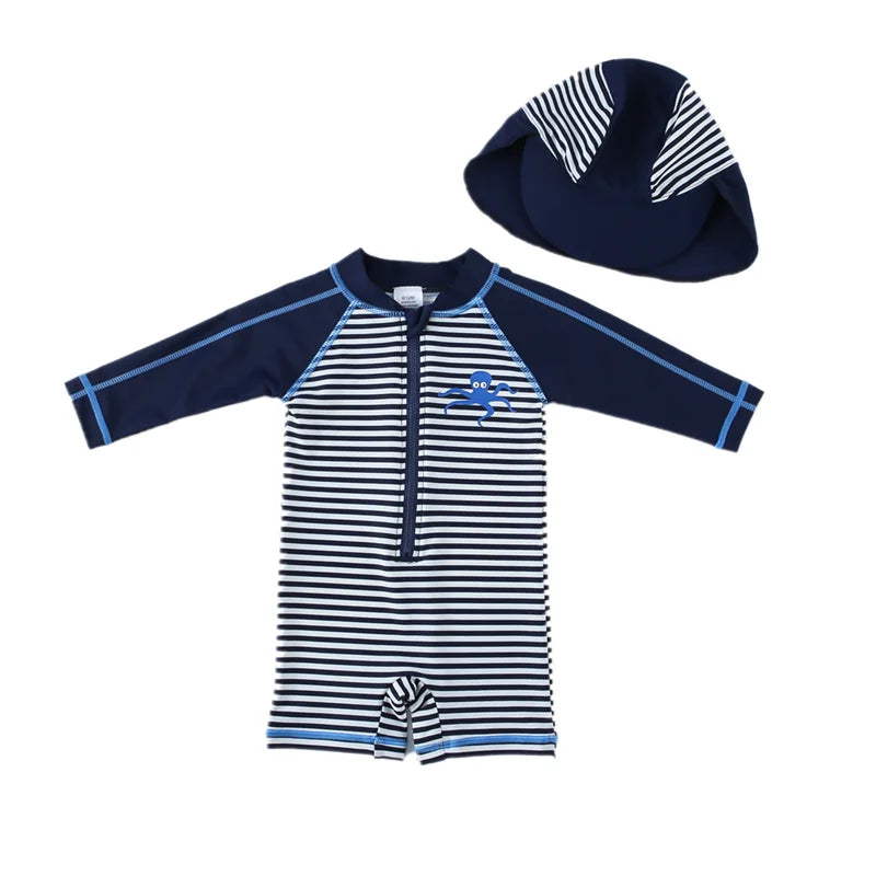 Baby Boy Swimsuit With Hat | UPF50+ Sun Protection Swimwear | Long Sleeve Beach & Pool Outfit