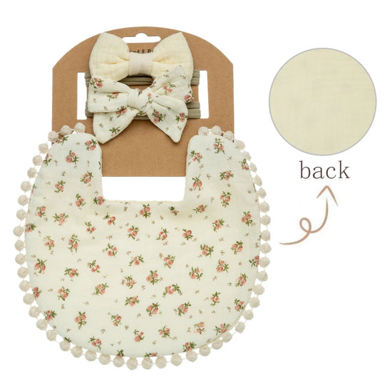 3-Piece Baby Bib & Bow Set – Reversible Cotton Bib with 2 Matching Headbands