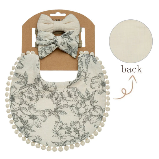 3-Piece Baby Bib & Bow Set – Reversible Cotton Bib with 2 Matching Headbands