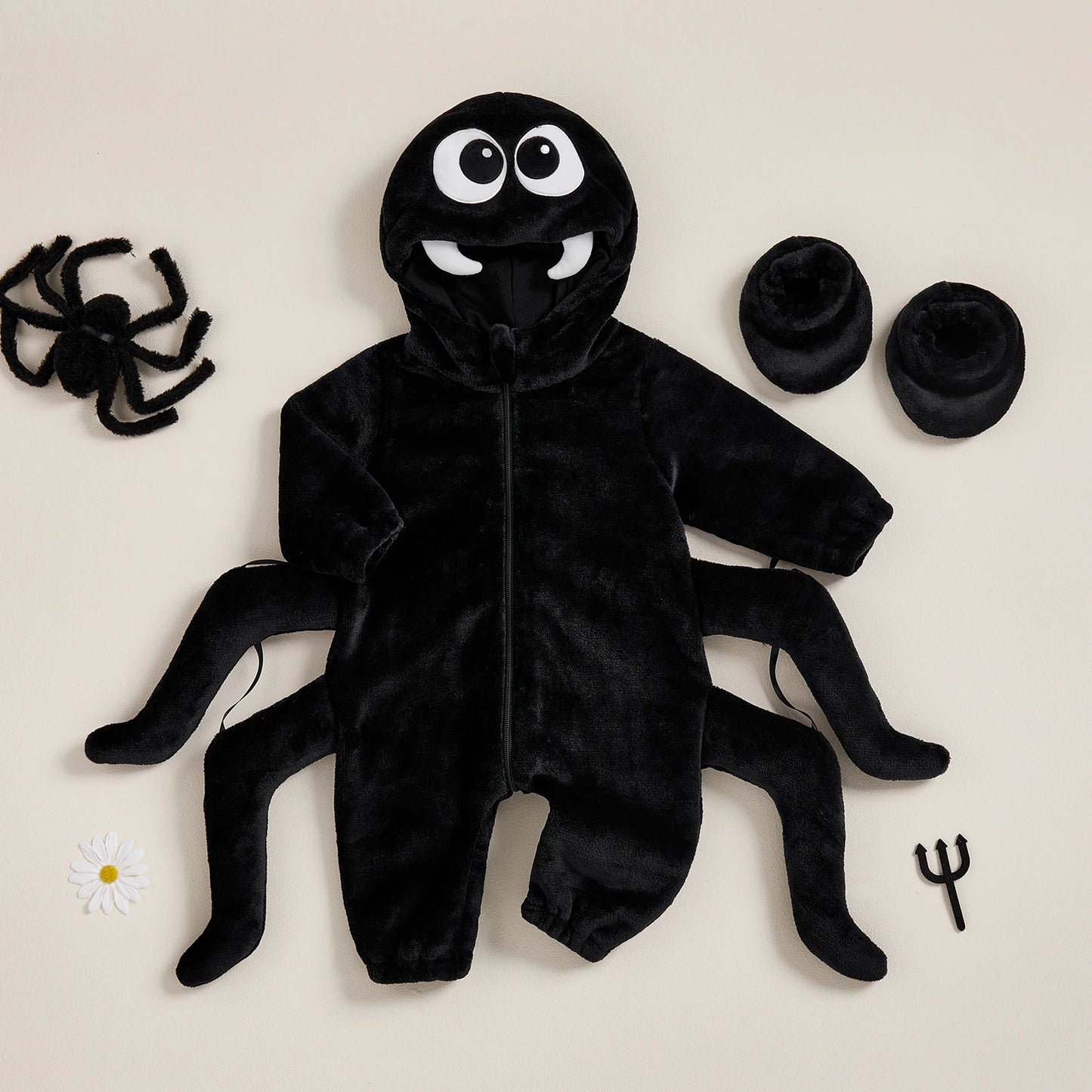 Halloween Baby Spider Creative Halloween Zipper Up Hooded Jumpsuit with Foot Cover ups
