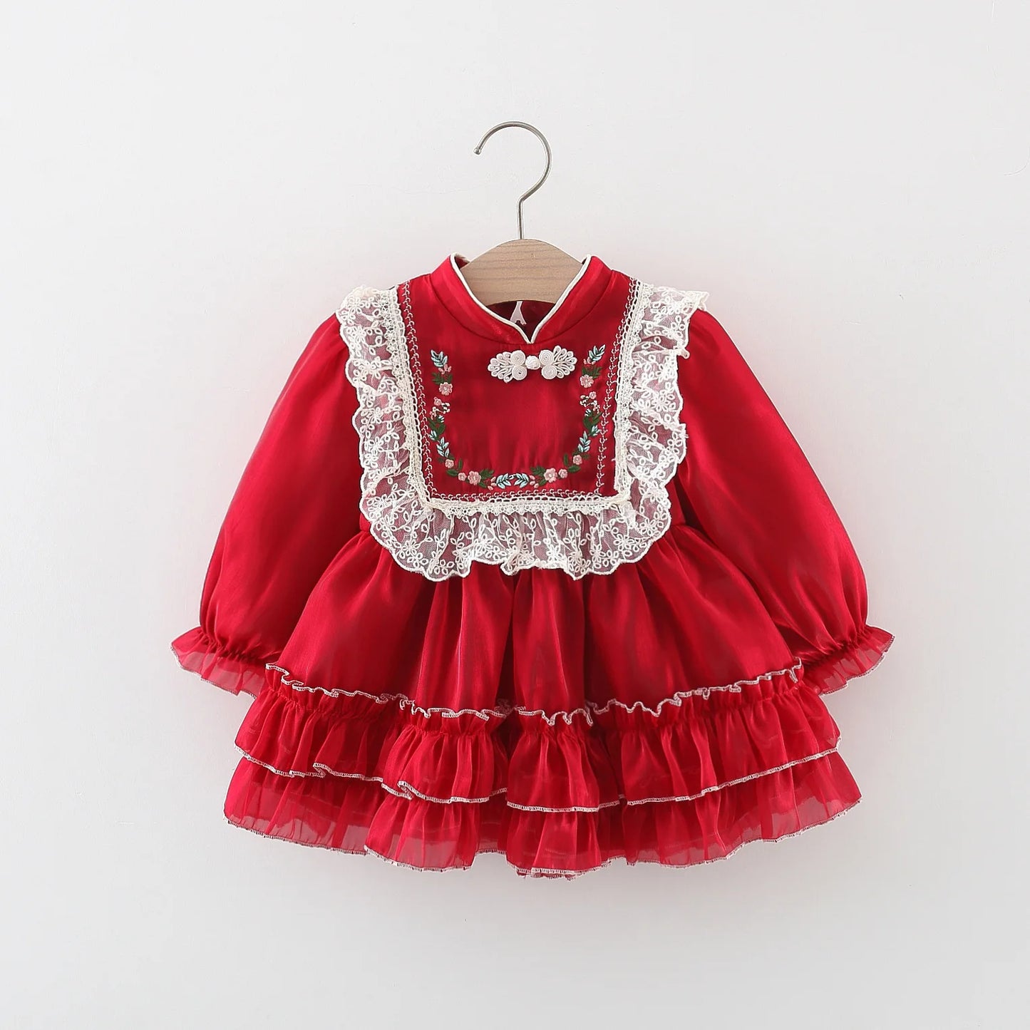 Baby Girl Embroidered Dress Cream, Pink & Red | Vintage Lace Party Outfit