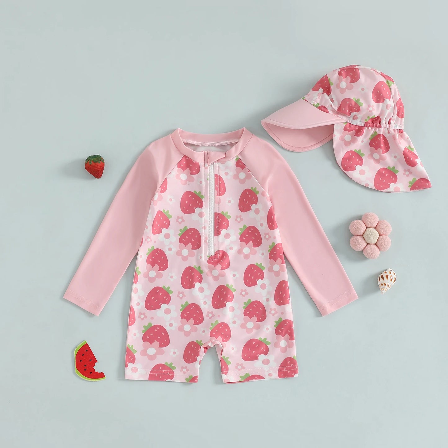 Baby Girl Strawberry Swim Romper Set | UV Sun Hat Summer Swimsuit