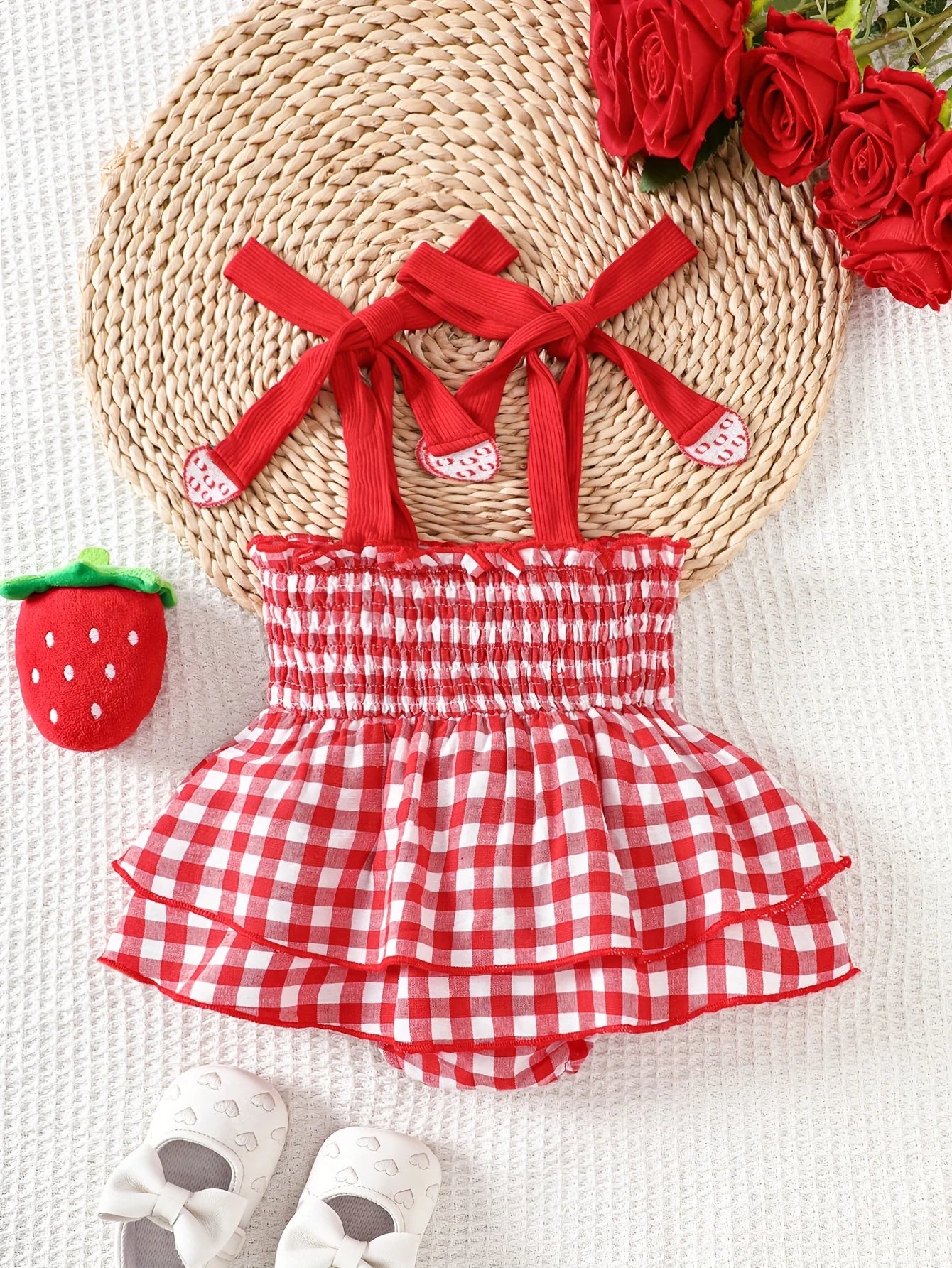 Baby Girl Strawberry Romper Dress Red Gingham | Summer Picnic Outfit