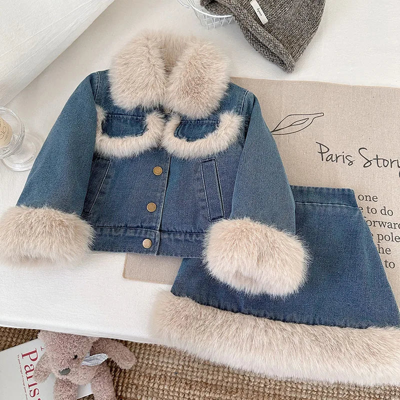Retro Denim Faux Fur Kids Set | Autumn 2-Piece Jacket & Skirt Outfit