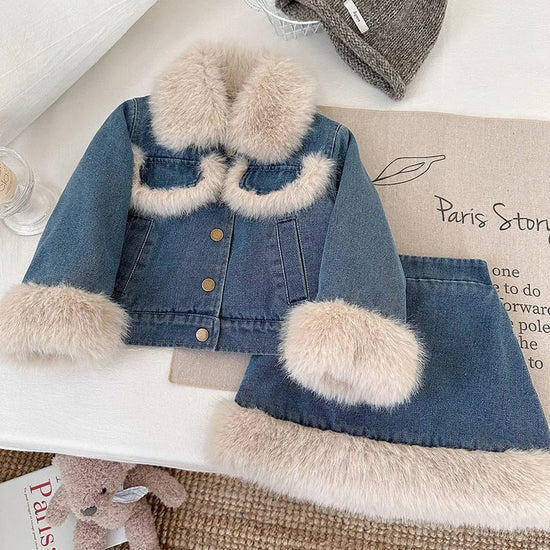 Retro Denim Faux Fur Kids Set | Autumn 2-Piece Jacket & Skirt Outfit