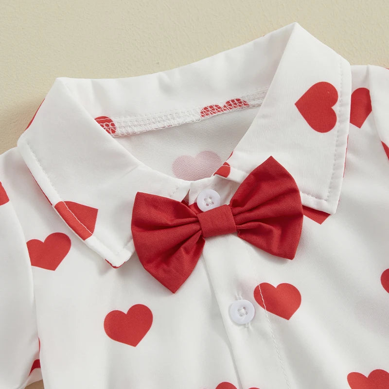 Valentine Baby Boy Outfit Heart Print Bodysuit with Red Bow Tie and Suspender Shorts