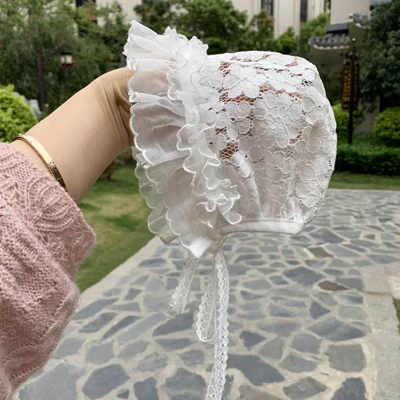 Baby Girl Lace Bonnet | White Ruffle Newborn Photo Hat