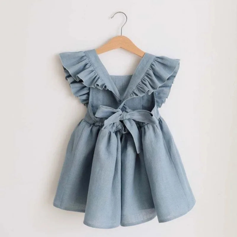 Baby Girl Ruffle Linen Dress | Sleeveless Summer Toddler Dress with Bow