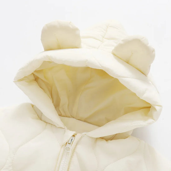 Winter Baby Bear Romper – Cozy Hooded Jumpsuit with Ears (Green, Brown & White)