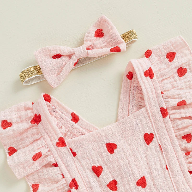 Valentine Baby Romper Set Pink Heart & Bow Ruffle Outfit with Matching Headband