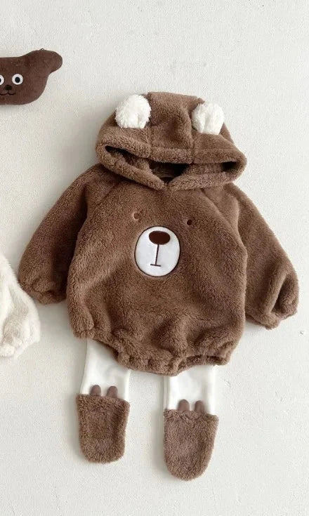 Newborn Baby Clothes Autumn Winter Hooded Cute Bear Jumpsuit Long-Sleeved Warm Plush Infant Romper Clothes+Pant Set Kids Costume