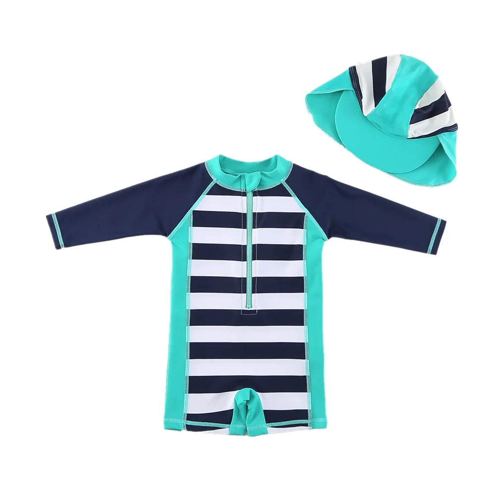 Baby Boy Swimsuit With Hat | UPF50+ Sun Protection Swimwear | Long Sleeve Beach & Pool Outfit