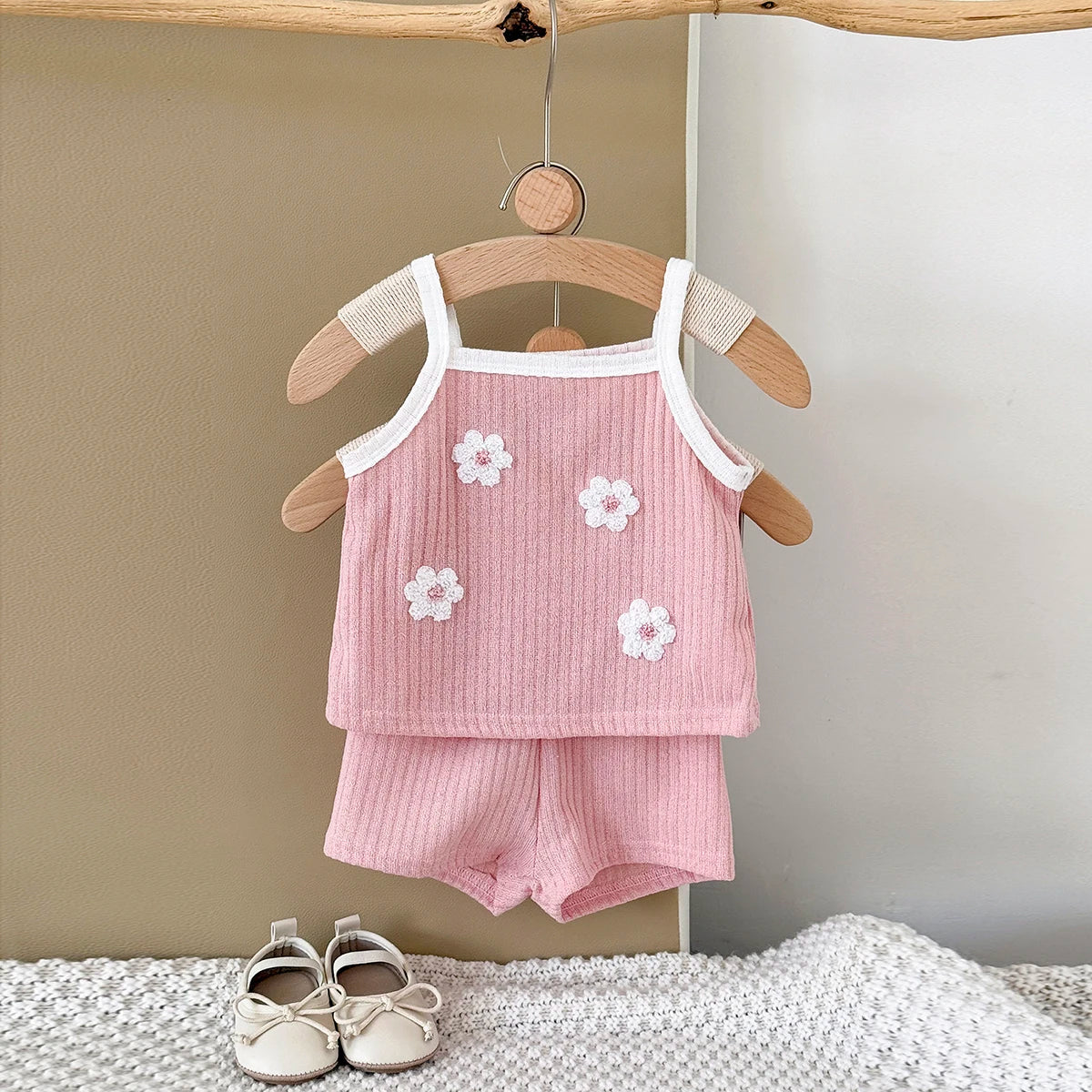 Baby Girl Summer Outfit Set | Ribbed Floral Crop Top & Shorts Matching Set