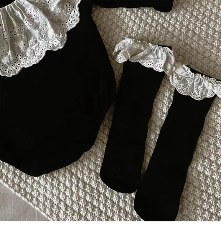 Baby Girl Black Lace Romper Set | Vintage Collar Outfit | Newborn Toddler Bodysuit with Knee High Socks