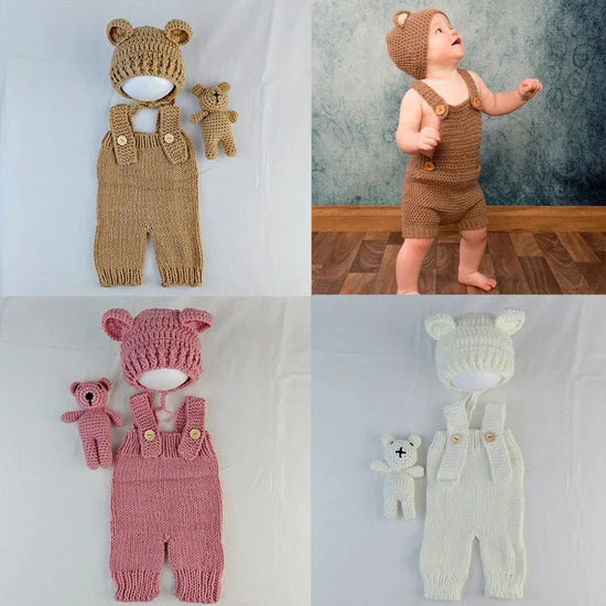 3pcs Newborn Photography Outfit | Knit Romper, Bear Hat & Teddy Set