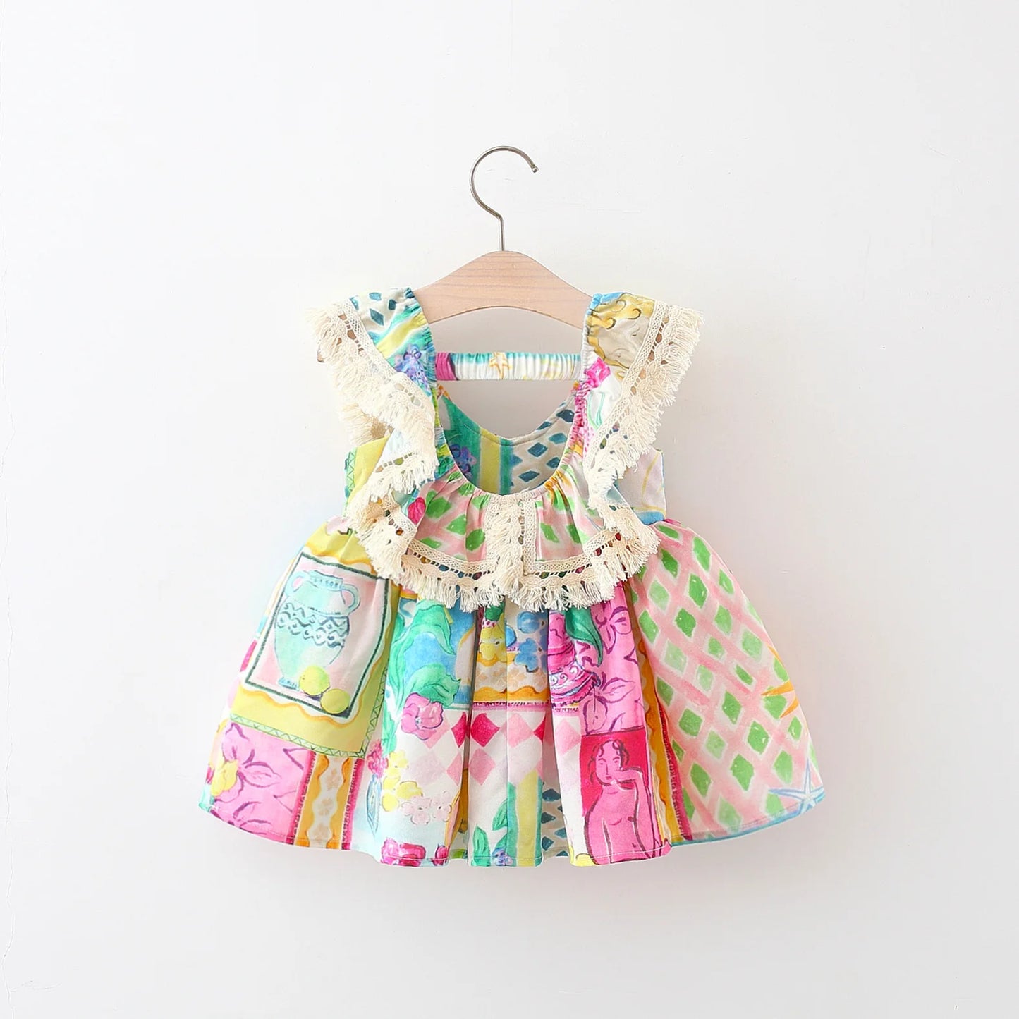 Baby Girl Colorful Graffiti Floral Summer Dress – Boho Lace Ruffle Sundress