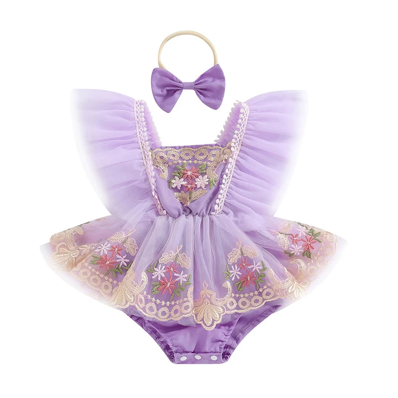 Baby Girl Tulle Lace Romper Dress | Floral Embroidered Princess Outfit with Headband (0–24 Months)