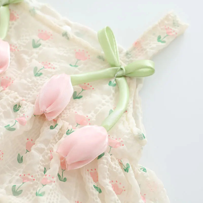 Baby Girl Floral Lace Romper Dress | Tulip Embroidered Ruffle Outfit with Straps (0–24 Months)