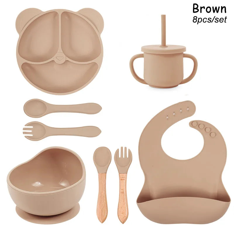 Baby Silicone Feeding Set – 8Pcs Suction Bowl, Bear Plate, Cup with Straw | Non-Slip Kids Tableware