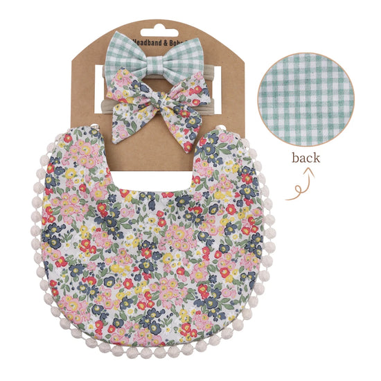 3-Piece Baby Bib & Headband Set – Cotton Pom Pom Bib with Matching Bow