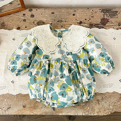 Baby Girl Lace Romper | Newborn Retro Printed Outfit