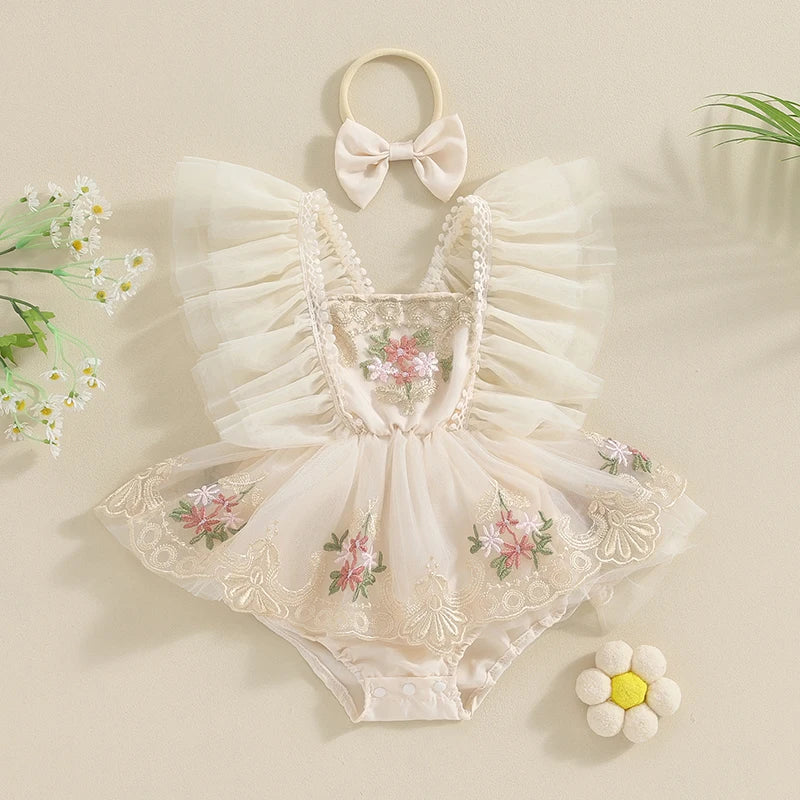 Baby Girl Tulle Lace Romper Dress | Floral Embroidered Princess Outfit with Headband (0–24 Months)