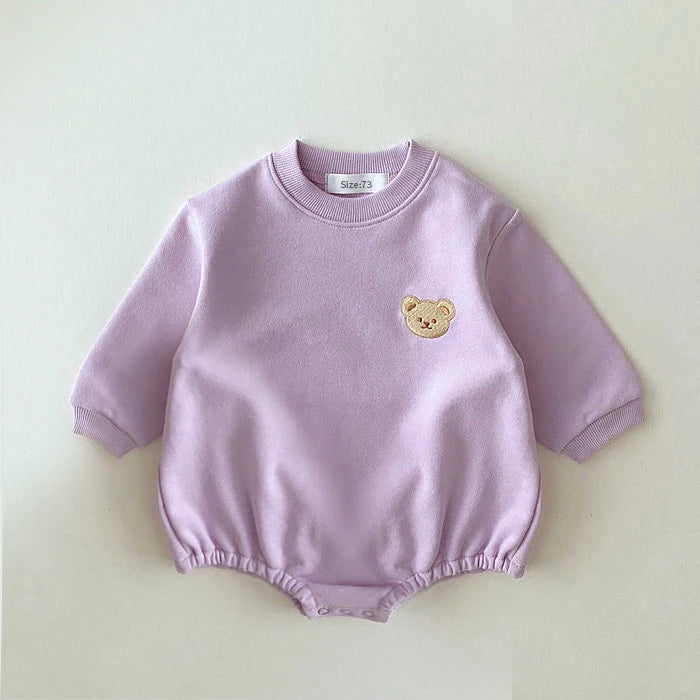 Baby Unisex Long Sleeve Romper | Soft Cotton Bear Embroidered Infant Bodysuit