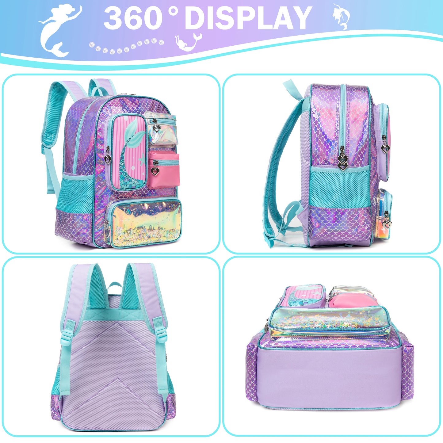 3-Piece Mermaid Backpack Set for Girls – School Backpack, Lunch Bag & Pencil Case