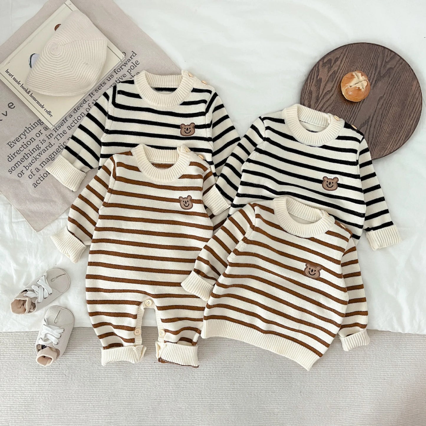 Baby striped embroidered teddy bear jumpsuit