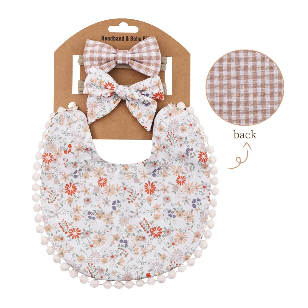 3-Piece Baby Bib & Headband Set – Cotton Pom Pom Bib with Matching Bow