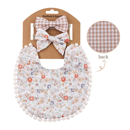 3-Piece Baby Bib & Headband Set – Cotton Pom Pom Bib with Matching Bow
