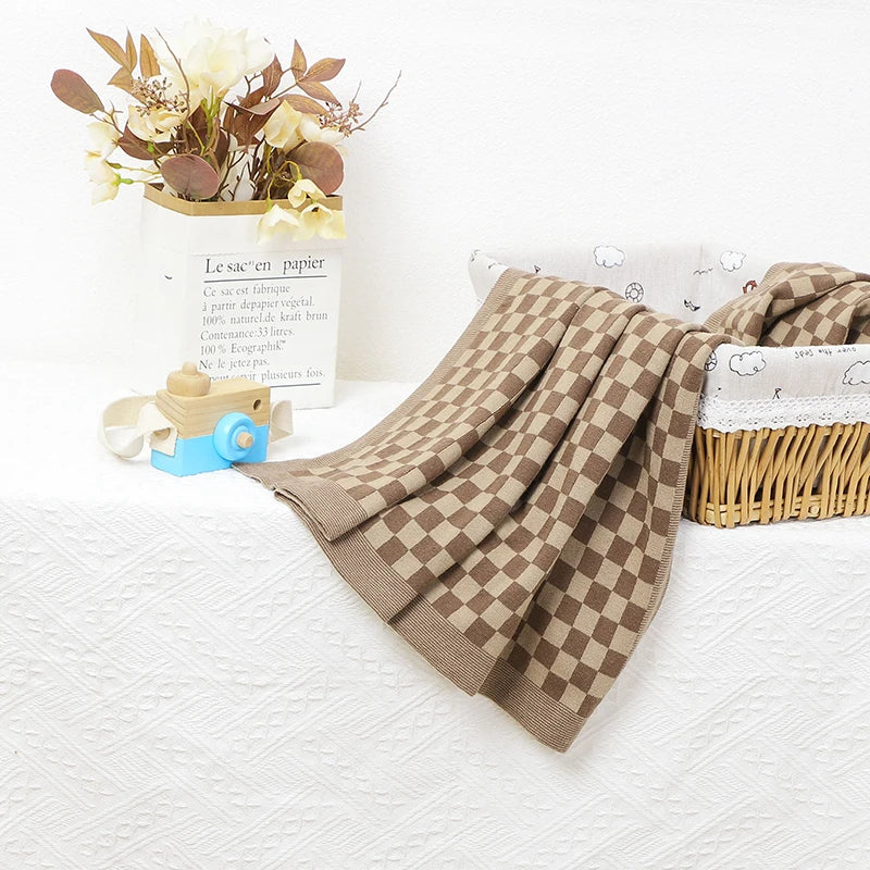 Newborn Baby Knitted Blanket | Soft Checkered Stroller & Bed Cover 100x80cm