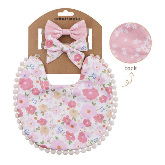3-Piece Baby Bib & Headband Set – Cotton Pom Pom Bib with Matching Bow