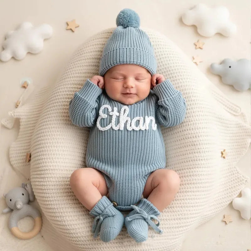 Personalized Baby Knit Sweater Romper Set with Name | Custom Newborn Outfit