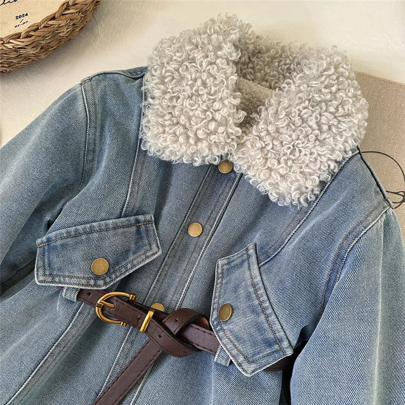 Winter Girls Denim Sherpa Jacket with Belt