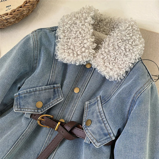 Winter Girls Denim Sherpa Jacket with Belt
