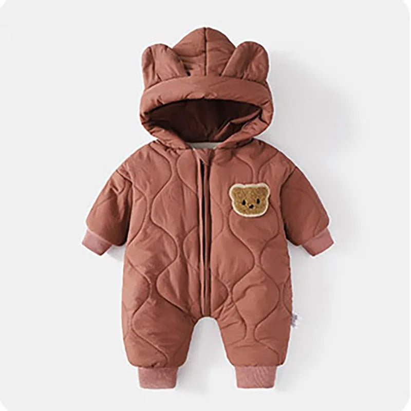 Winter Baby Bear Romper – Cozy Hooded Jumpsuit with Ears (Green, Brown & White)
