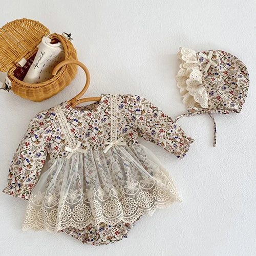 Toddler Baby Girl Floral Romper with Hat | Long Sleeve Cotton Lace Outfit