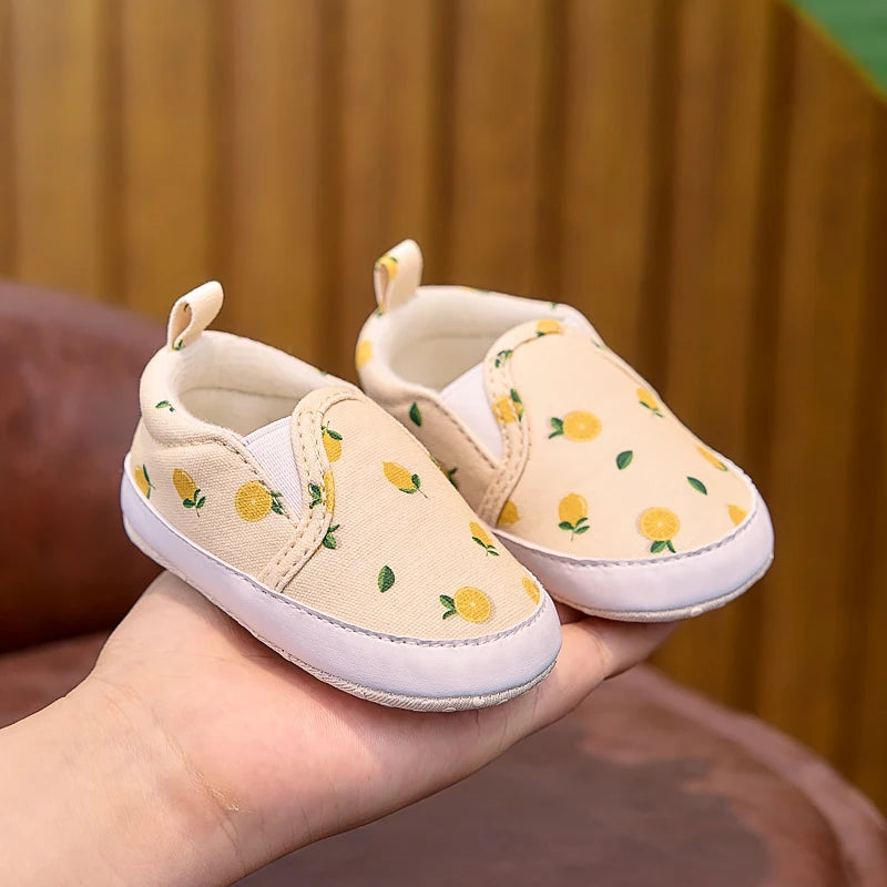 Baby fruit print slip-on shoes in cherry strawberry and lemon designs