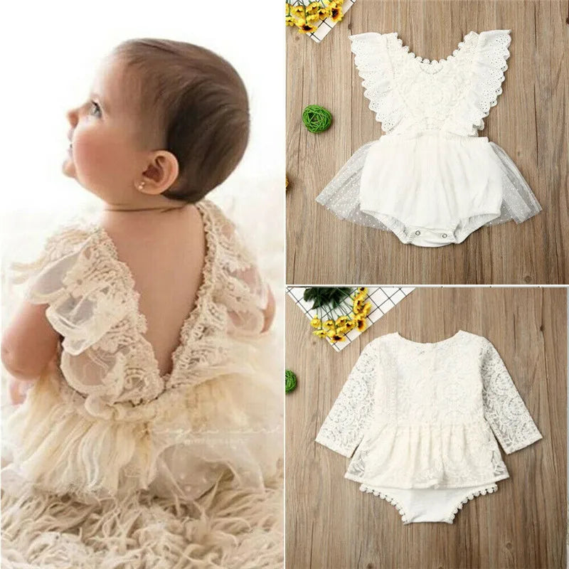 Baby Girl White Lace Romper Dress | Elegant Tulle Cake smash Outfit