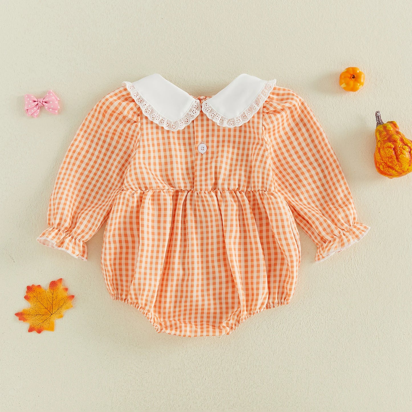 Little Pumpkin Smocked Baby Romper | Orange Gingham Fall Outfit